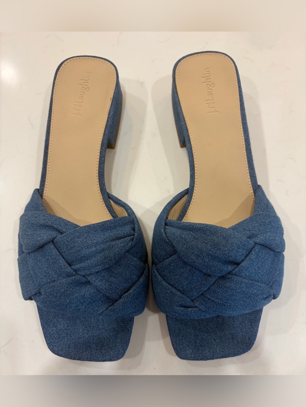 J. McLaughlin Hannah Denim Blue Knotted Slide Mules Size 10